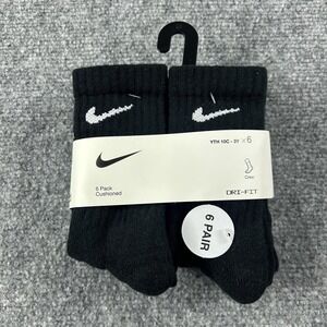 Nike Dri-FIT Crew Socks Unisex‎ Kids 4-5 Black 6 Pack Cushioned YTH 10C-3Y